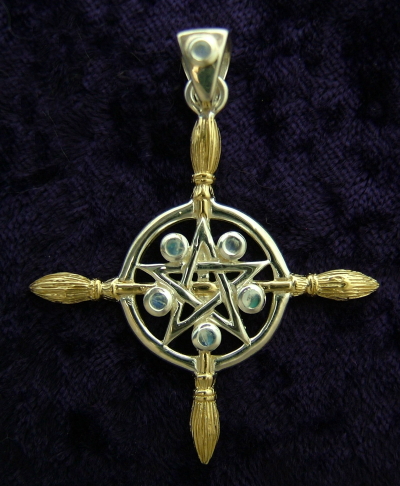 2 Tone Besom Pentagram with Moonstones Wiccan Pendant